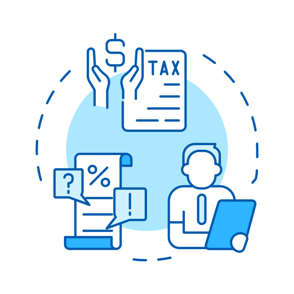 Illustration showing tax data analysis with charts, an information icon, a magnifying glass, and a tax document with a checkmark.