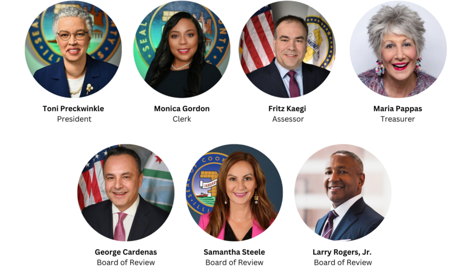 The members of the Reform Group: President Toni Preckwinkle, Clerk Monica Gordan, Assessor Fritz Kaegi, Treasurer Maria Pappas, and Commissioners George Cardenas, Samantha Steele, and Larry Rogers.