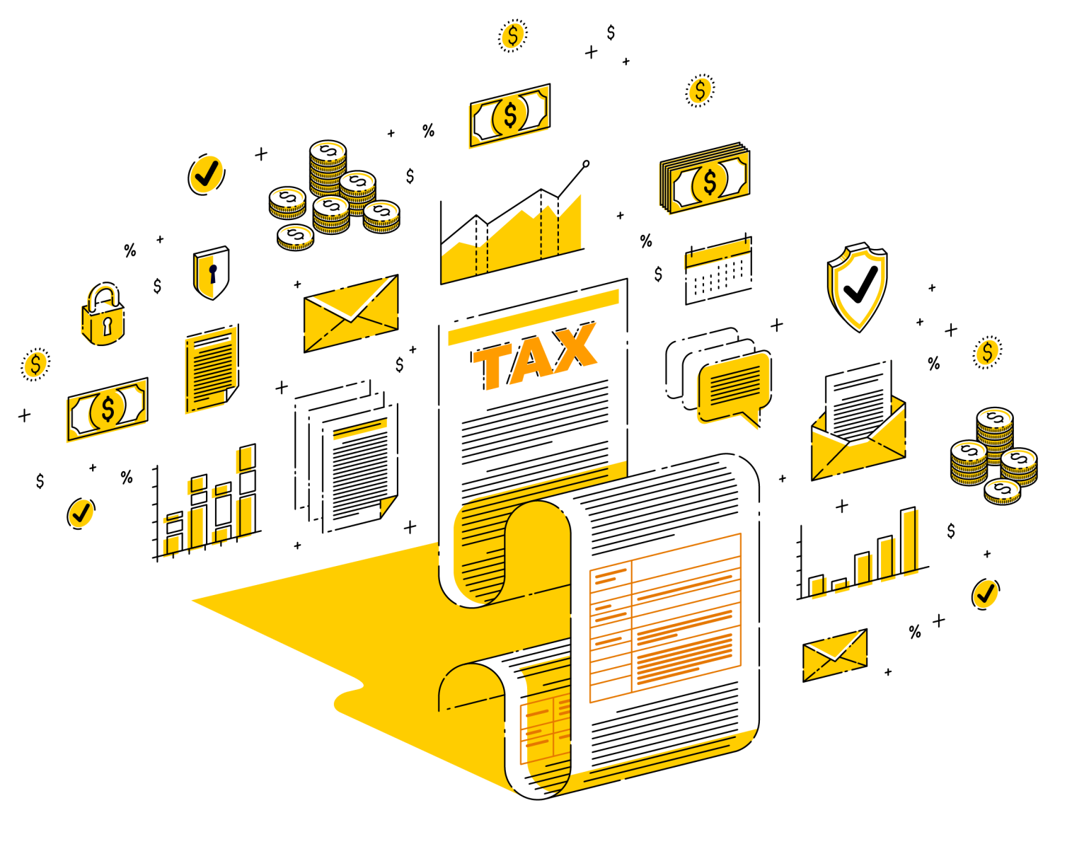 Illustration of tax documents surrounded by icons representing money, payments, charts, mail, and security.
