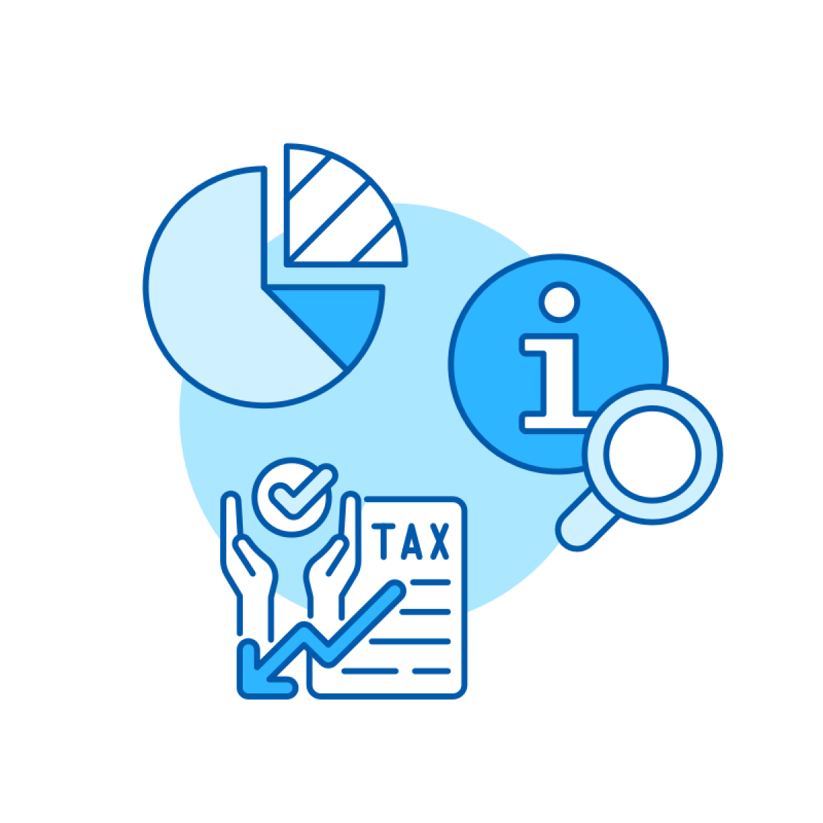 Illustration of tax information with icons for data analysis, verification, and review.